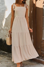 Perfee Tie Shoulder Smocked Tiered Dress - Ladyez