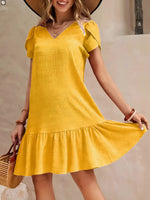 V-Neck Ruffle Hem Textured Mini Dress