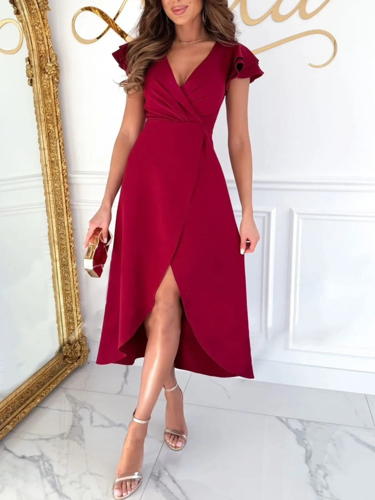 Surplice Ruffled Cap Sleeve Dress - Ladyez