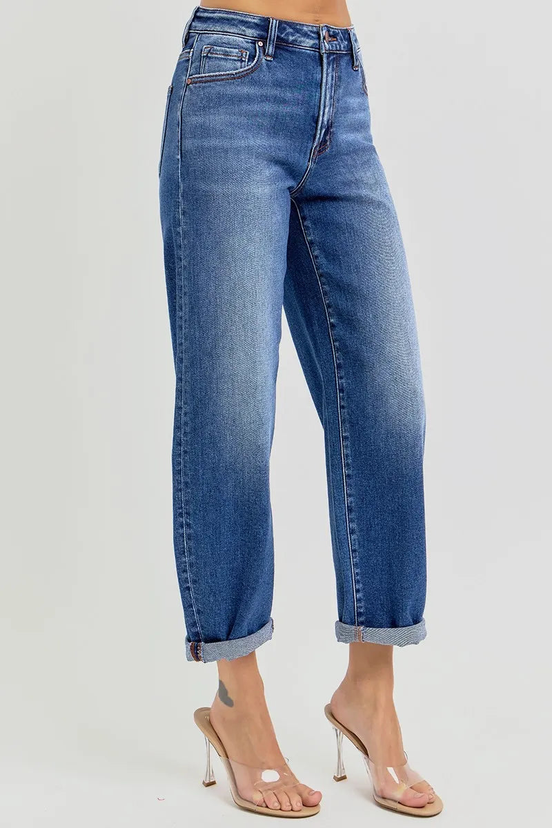 RISEN Full Size High Rise Crop Mild Barrel Jeans Plus Size - Ladyez