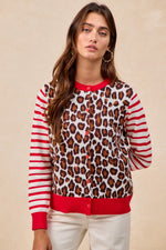 BiBi Leopard With Stripe Combo Buttoned Cardigan