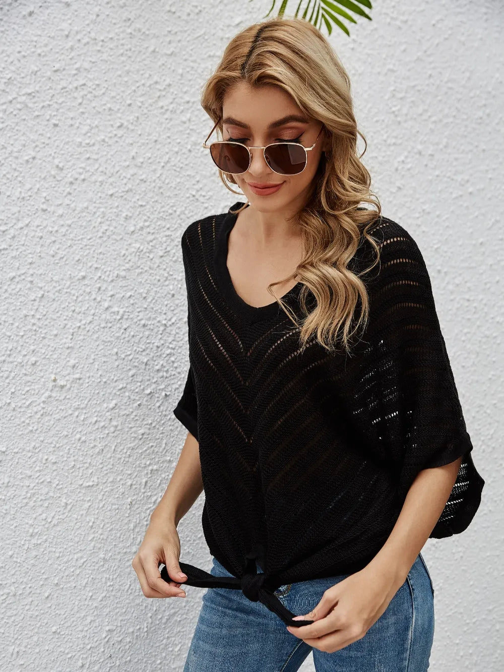 Openwork Batwing Sleeve Cover-Up - Ladyez