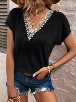 Full Size Lace Detail V-Neck Short Sleeve T-Shirt - Ladyez