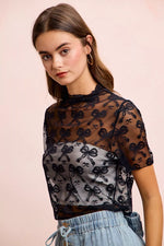 BiBi High Neckline Short Sleeves Bow Pattern Mesh Top