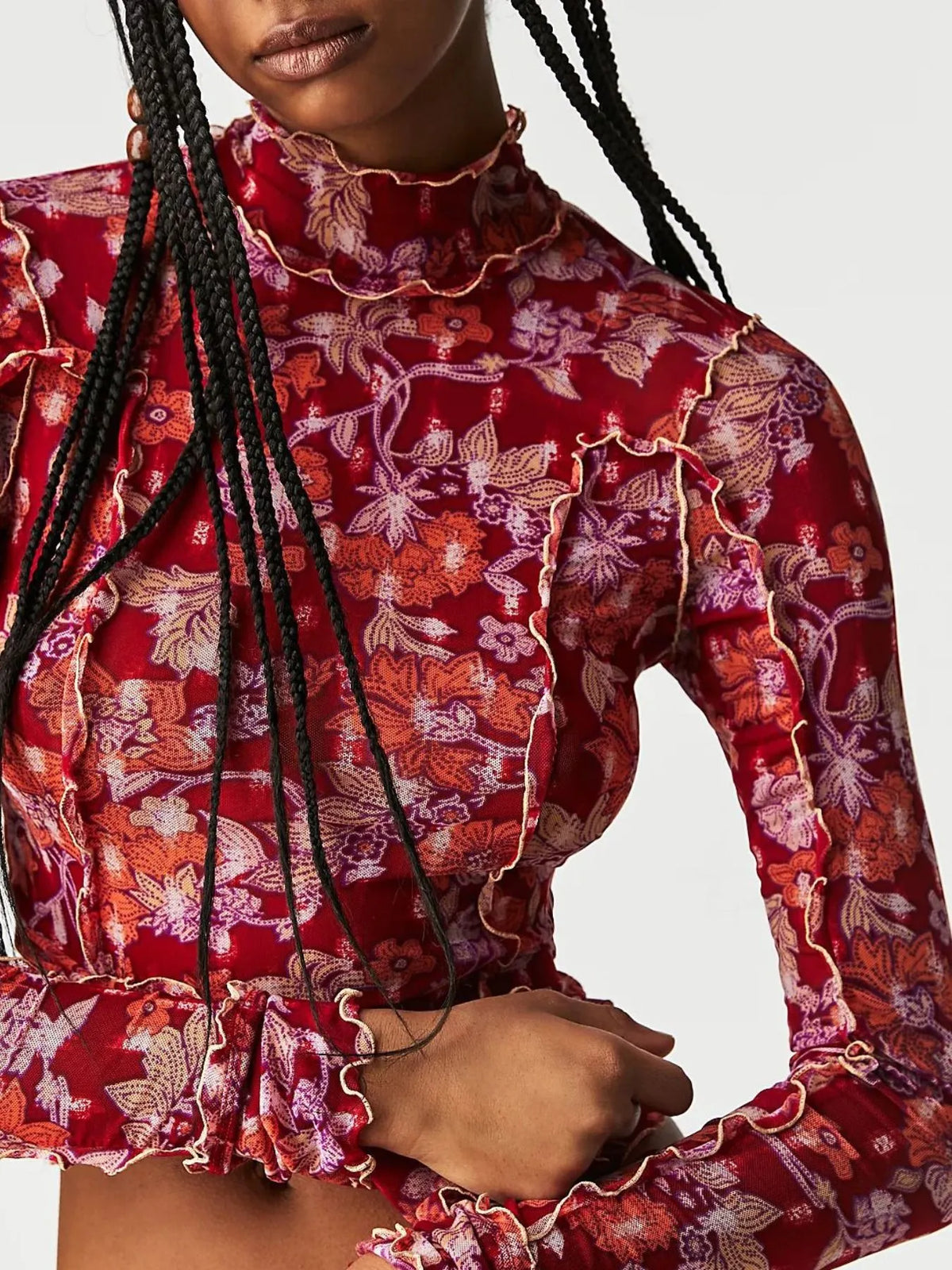 Floral Print Mock Neck Long Sleeve Top - Ladyez
