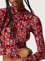 Floral Print Mock Neck Long Sleeve Top - Ladyez