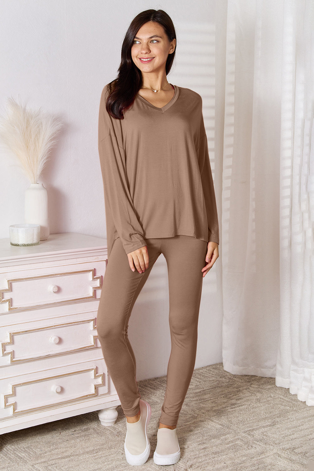 Basic Bae Full Size V-Neck Soft Rayon Long Sleeve Top and Pants Lounge Set - Ladyez