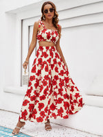 Honey Floral Tie Shoulder Top and Tiered Maxi Skirt Set - Ladyez