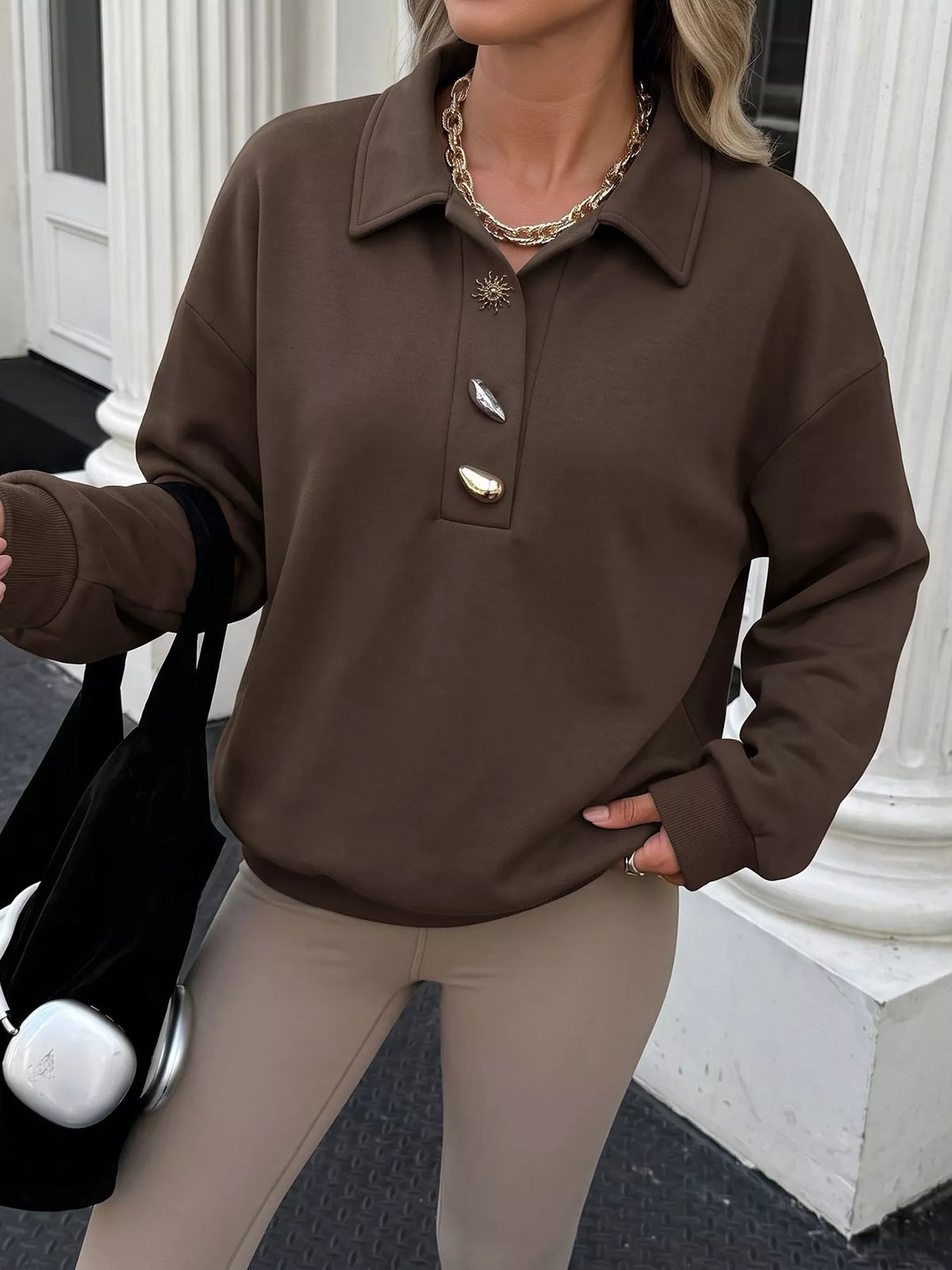 Polo Collar Dropped Shoulder Sweatshirt