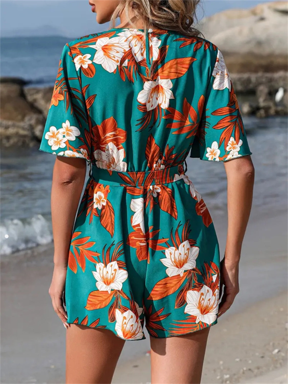 Printed Surplice Half Sleeve Tie Waist Romper - Ladyez