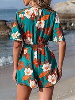 Printed Surplice Half Sleeve Tie Waist Romper - Ladyez