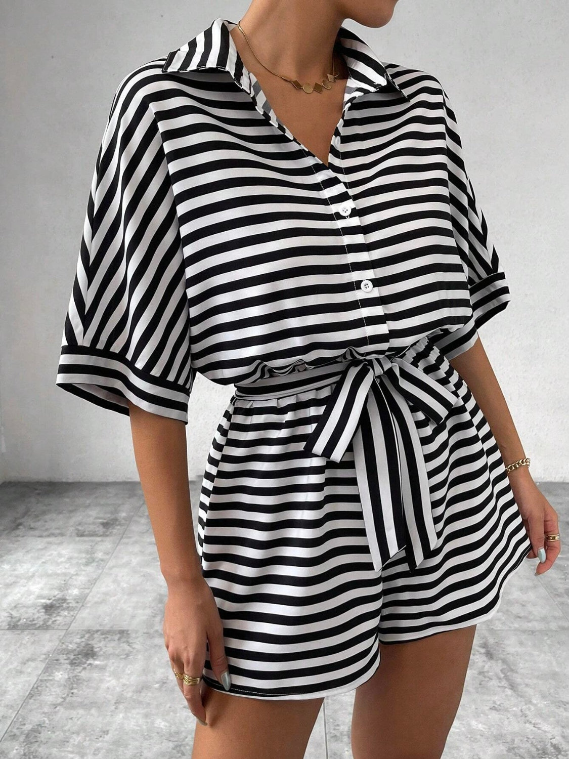 Tie Waist Half Button Striped Romper - Ladyez