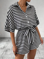 Tie Waist Half Button Striped Romper - Ladyez