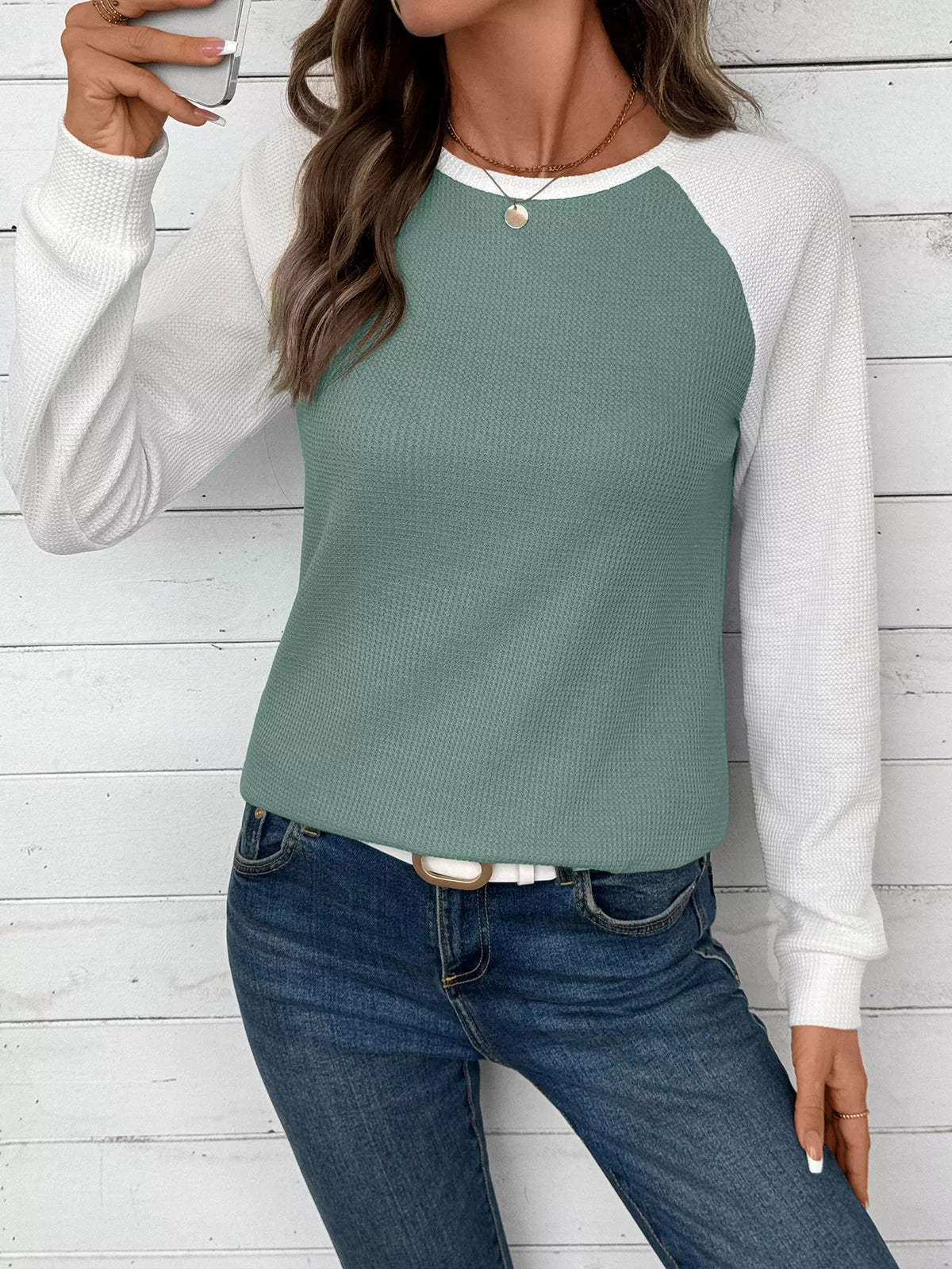 Contrast Raglan Sleeve Waffle Knit T-Shirt