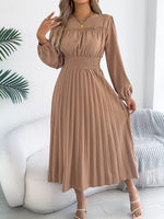 Smocked Pleated Long Sleeve Midi Dress