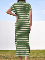 Striped Knit Slit Short Sleeve Midi Dress