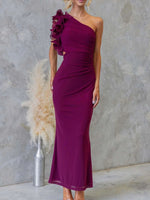 One-Shoulder Floral Trim Sleeveless Maxi Dress