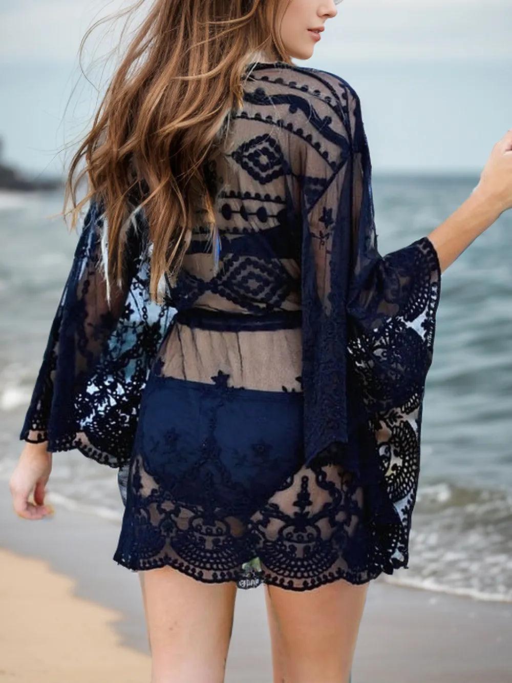 Lace V-Neck Three-Quarter Sleeve Cover Up - Ladyez