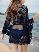 Lace V-Neck Three-Quarter Sleeve Cover Up - Ladyez