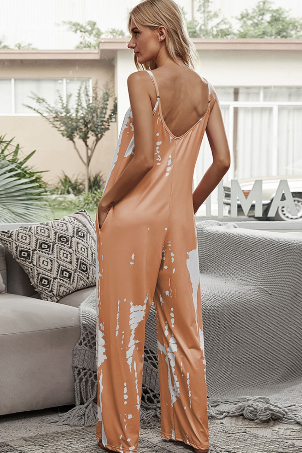 Shiny Tie-Dye Spaghetti Strap Jumpsuit with Pockets - Ladyez