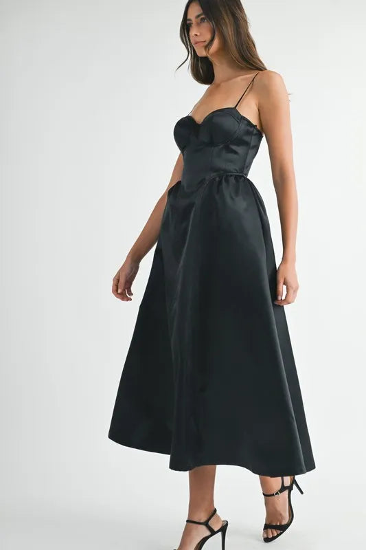 MABLE Solid Taffeta Spaghetti Strap Bustier Midi Dress - Ladyez