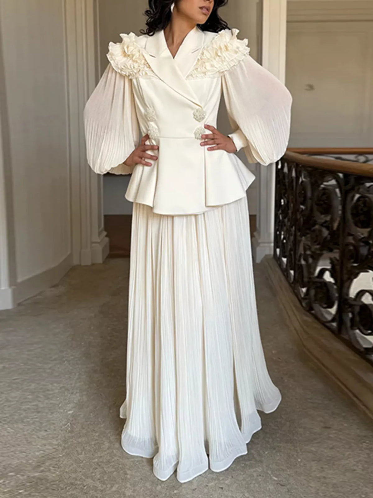 Frill Lapel Collar Top and Pleated Skirt Set