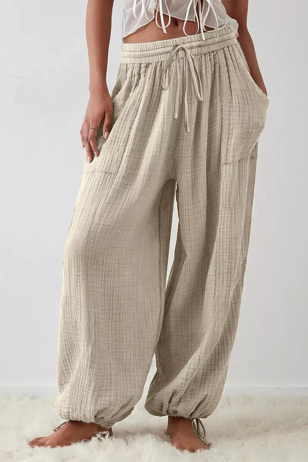 Loose Fit Gauze Pants with Drawstring Waist