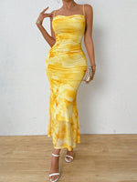 Tie-Dye Ruched Bodycon Mesh Cami Maxi Dress - Ladyez