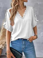 Ruffled V-Neck Short Sleeve Blouse - Ladyez