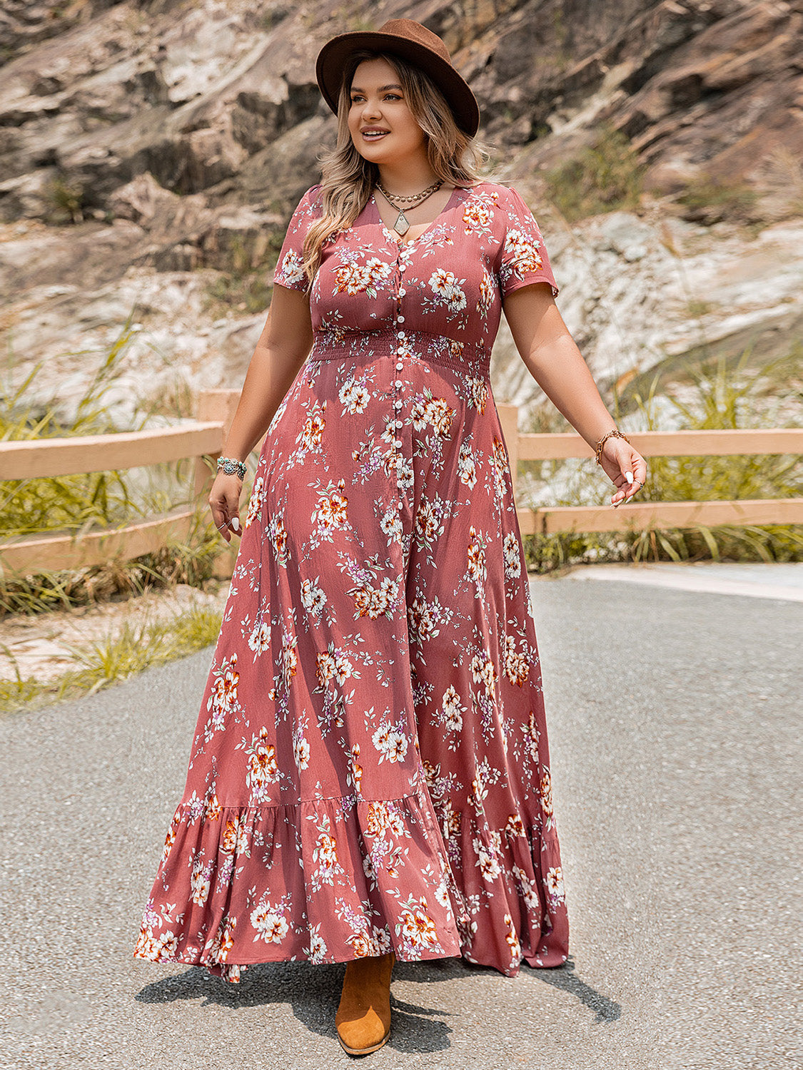 Plus Size Floral Slit Ruffle Hem Dress - Ladyez