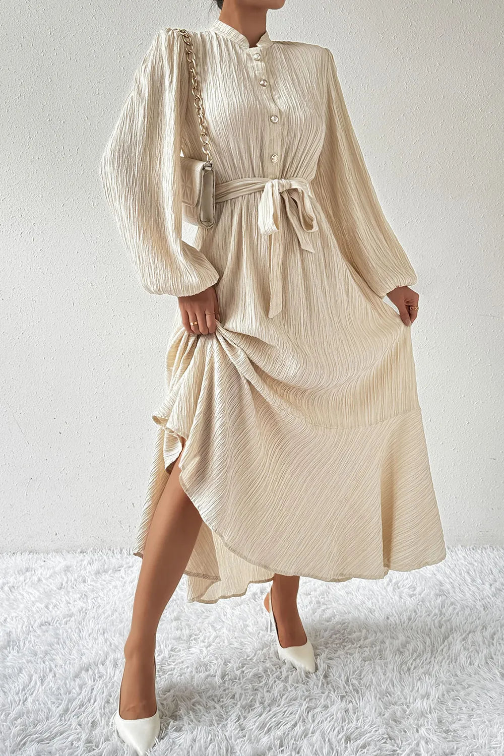 Honey Tied Button Up Balloon Sleeve Dress - Ladyez