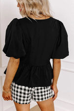 Cutout Round Neck Puff Sleeve Blouse