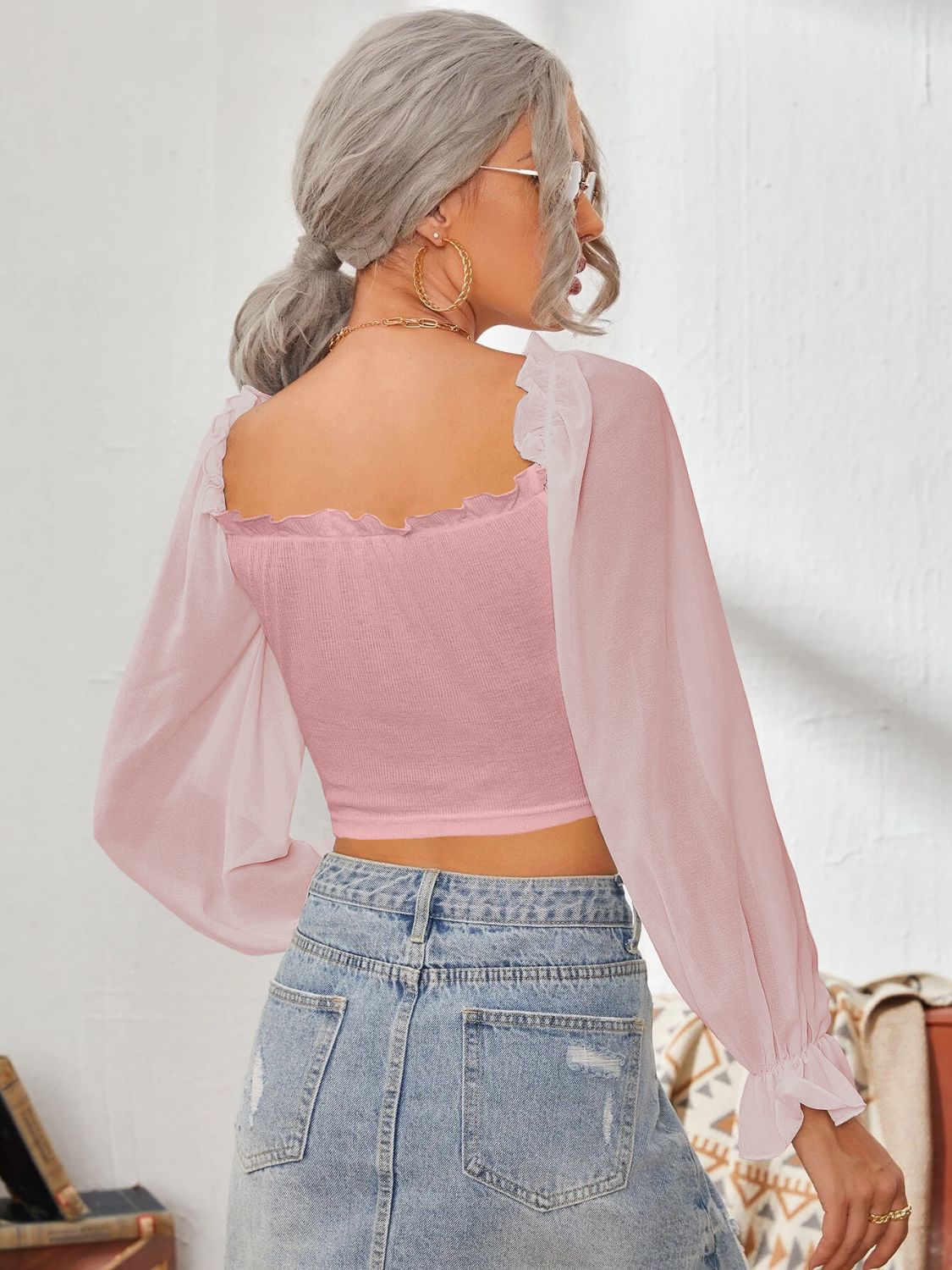 Mesh Sweetheart Neck Flounce Sleeve Top - Ladyez