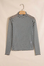 Plaid Stand Neck Long Sleeve Mesh Top