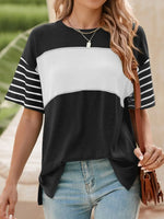 Color Block Striped Sleeve Casual T-Shirt - Ladyez