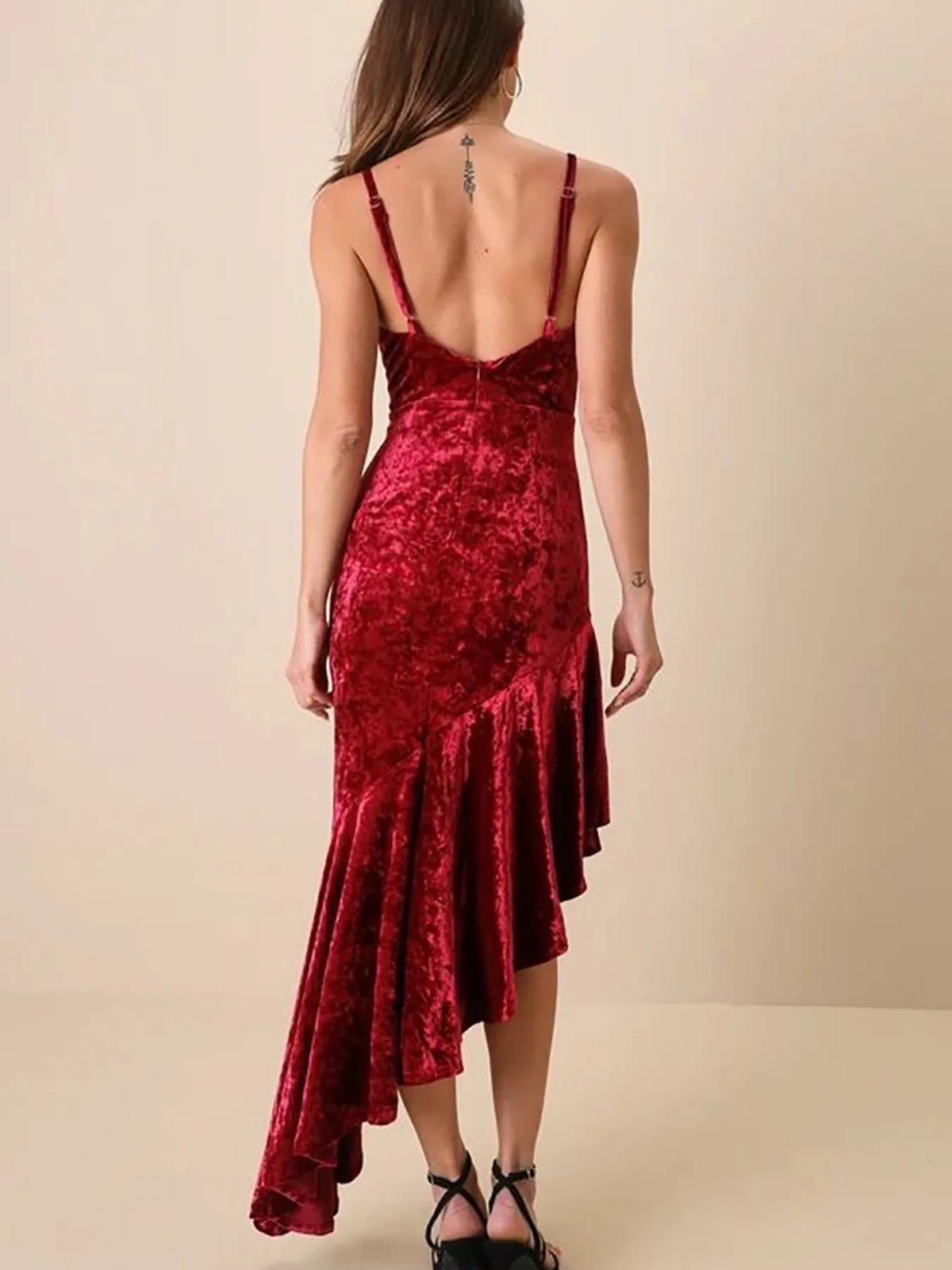 Asymmetrical Velvet Cami Dress with Ruffle Hem - Ladyez