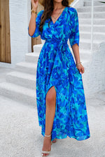 Devine Printed Tied Half Sleeve Slit Dress - Ladyez