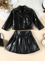 Children's Faux Leather Jacket & Pleated Skirt Set
