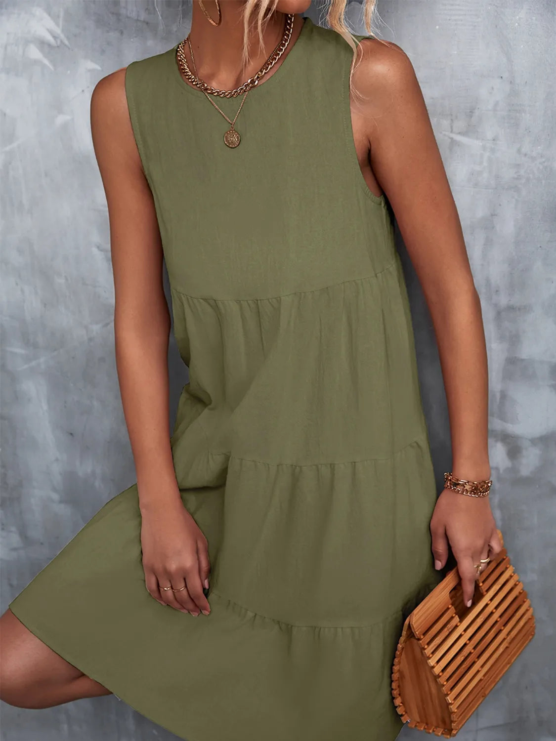 Tiered Round Neck Sleeveless Mini Tank Dress - Ladyez