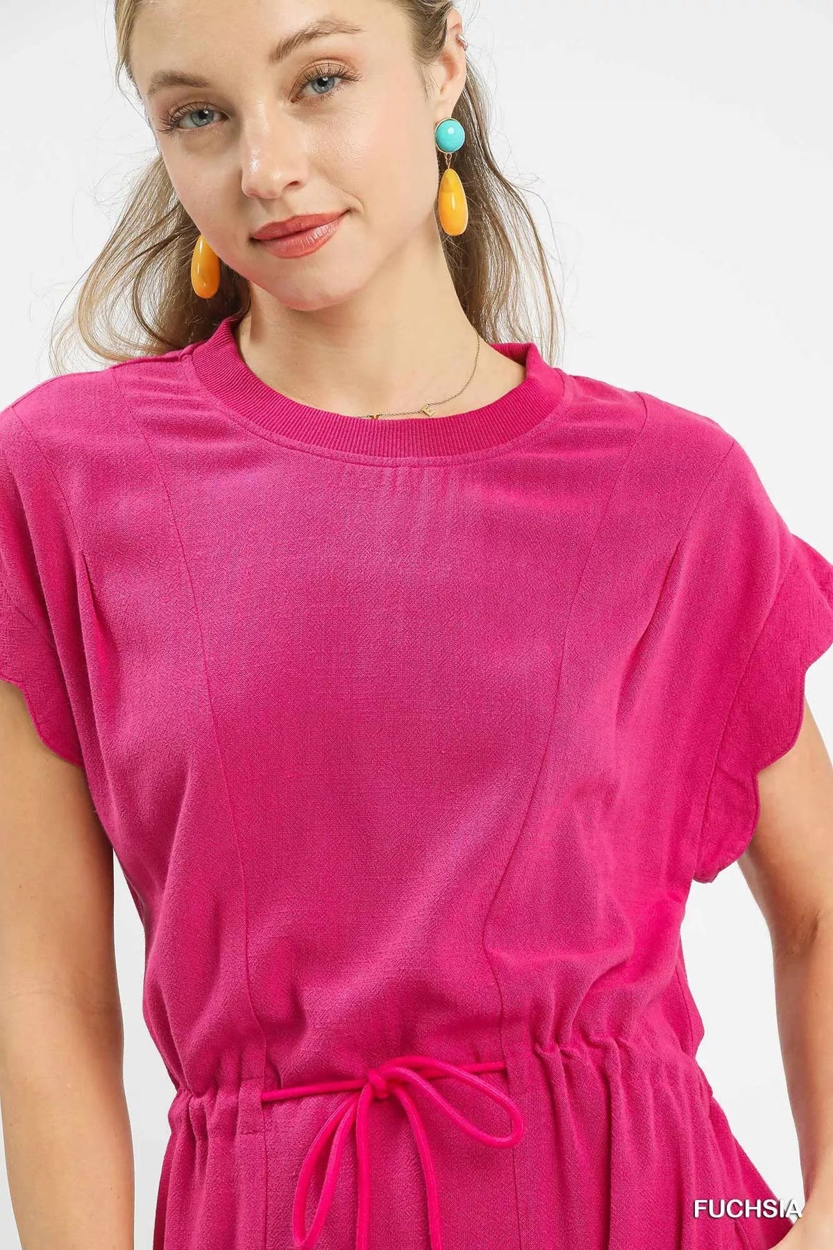 Umgee Linen Blend Scallop Hem Mini Dress