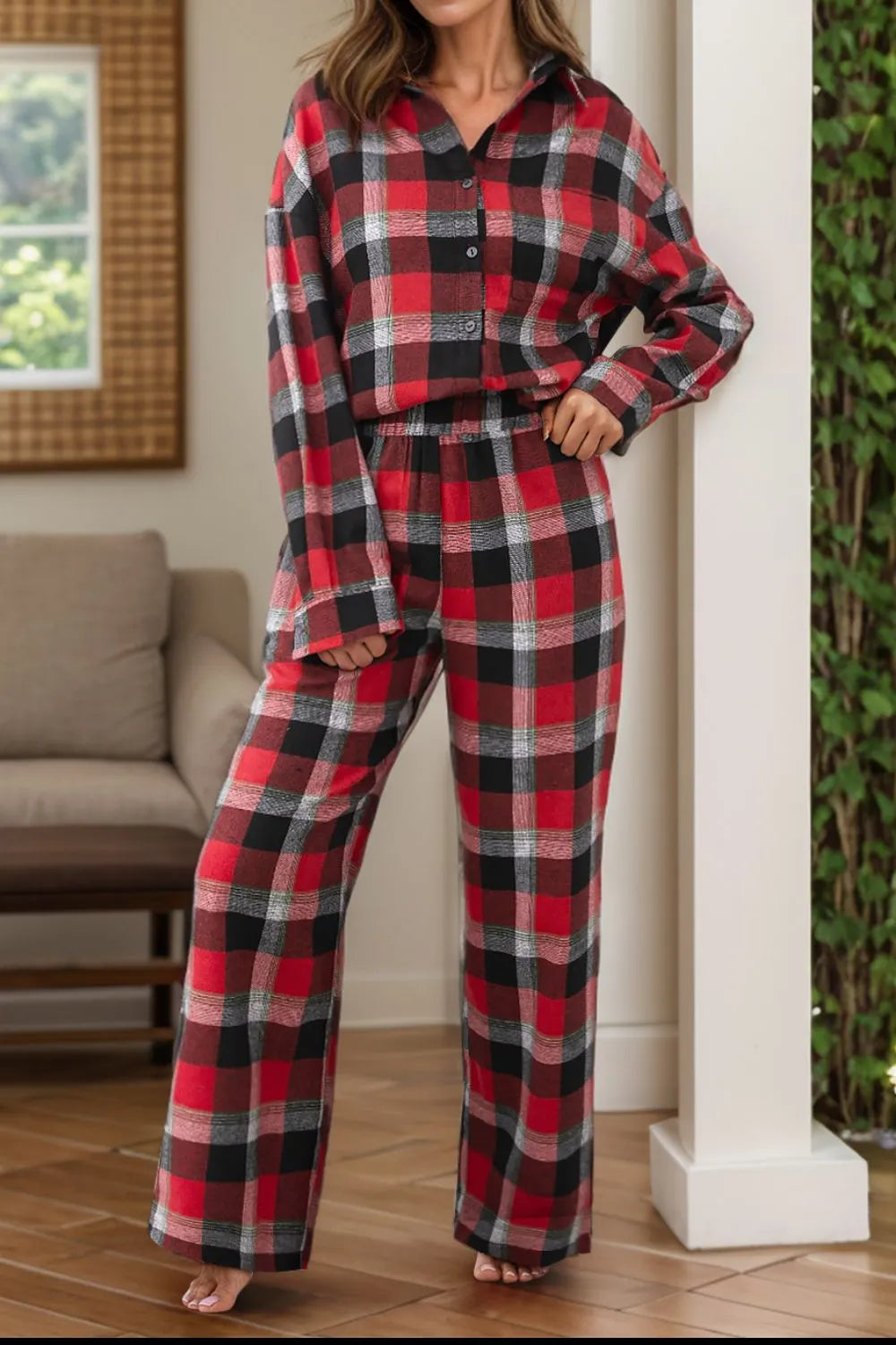 Plaid Long Sleeve Top and Pants Lounge Set - Ladyez