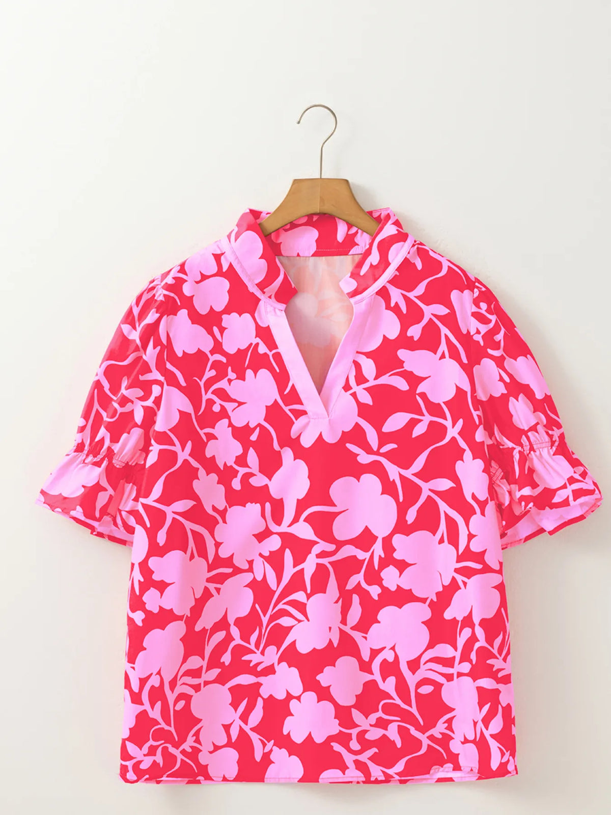 Floral Split V Neck Ruffled Short Sleeve Blouse Top - Ladyez