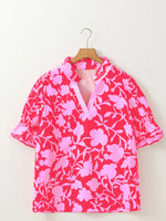 Floral Split V Neck Ruffled Short Sleeve Blouse Top - Ladyez