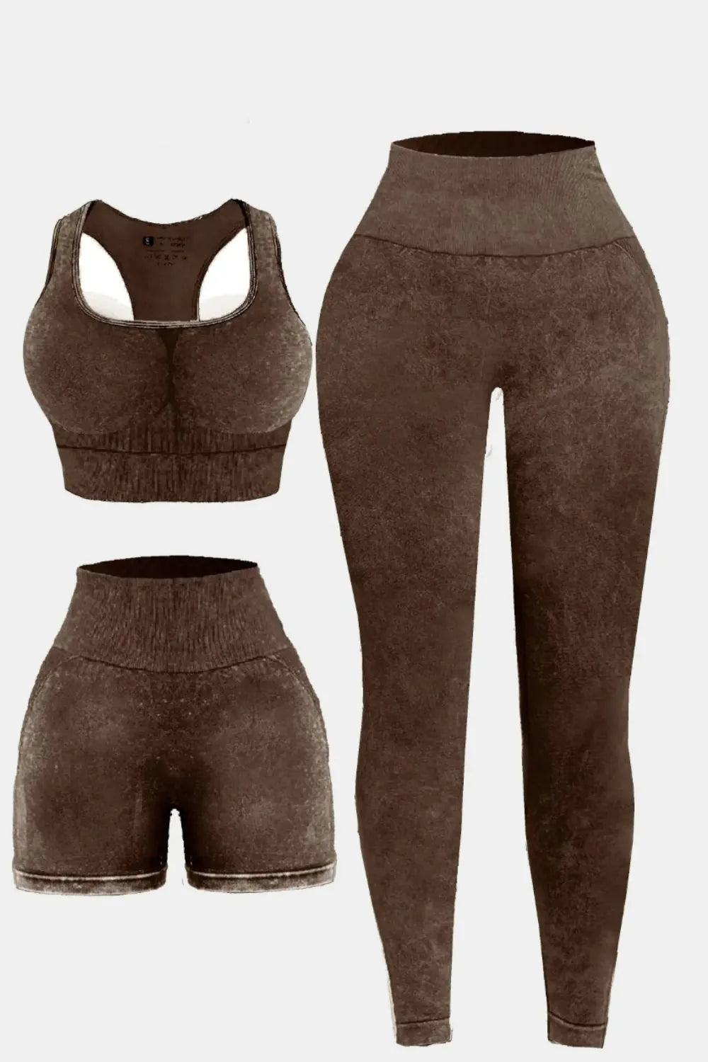 3 Piece Washed Square Neck Wide Strap Active Set - Ladyez