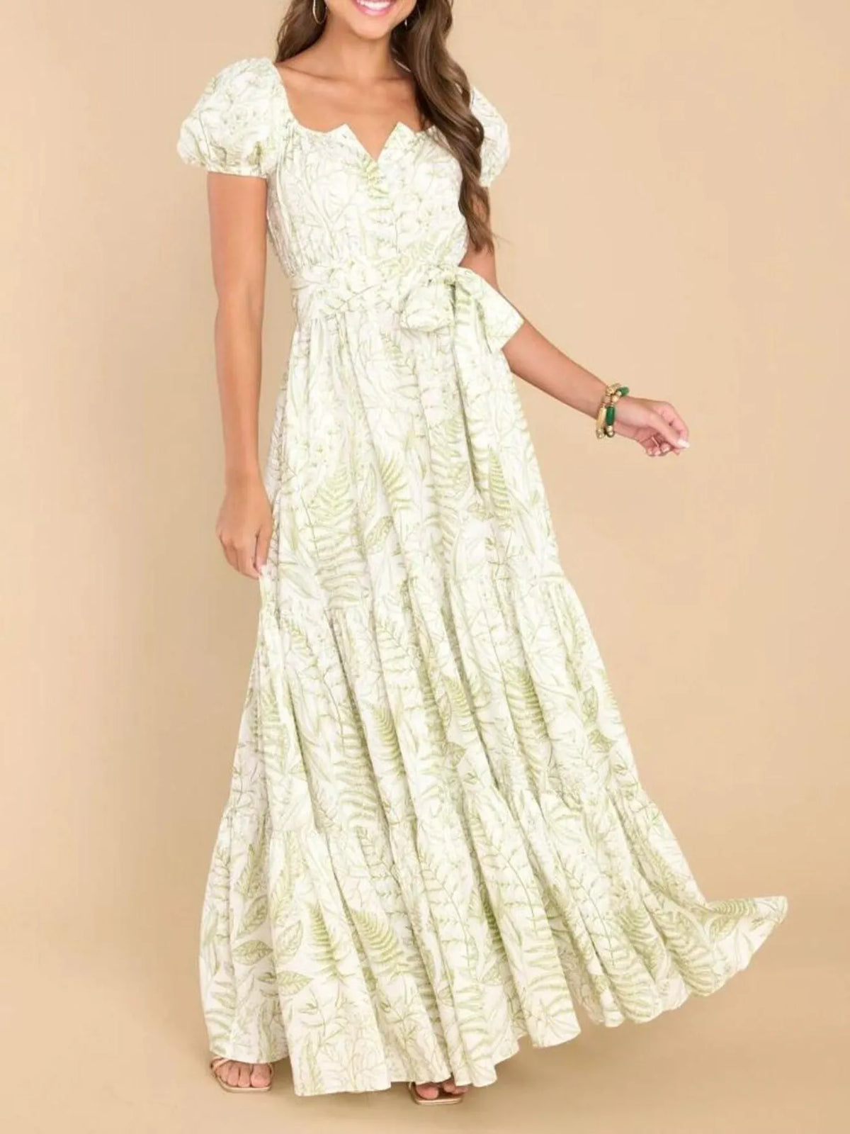 Printed Puff Sleeve Maxi Dress - Ladyez