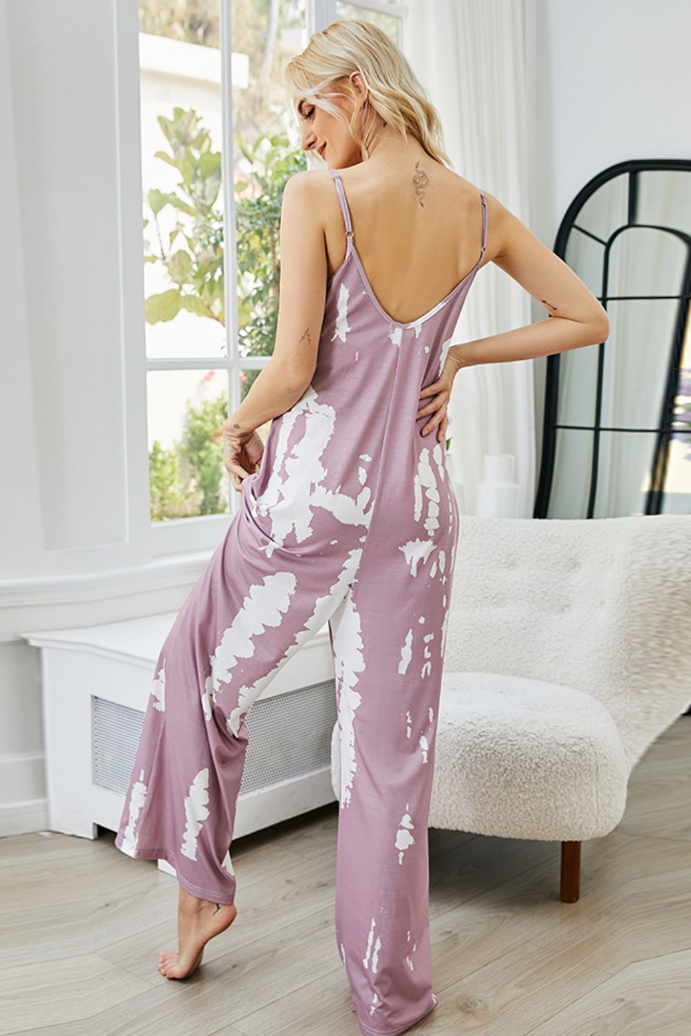 Shiny Tie-Dye Spaghetti Strap Jumpsuit with Pockets - Ladyez