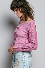 POL Round Neck Long Sleeve Exposed Seam Top with Lace Detail