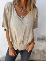 Full Size Smocked Hem V-Neck Relaxed Fit T-Shirt Plus Size