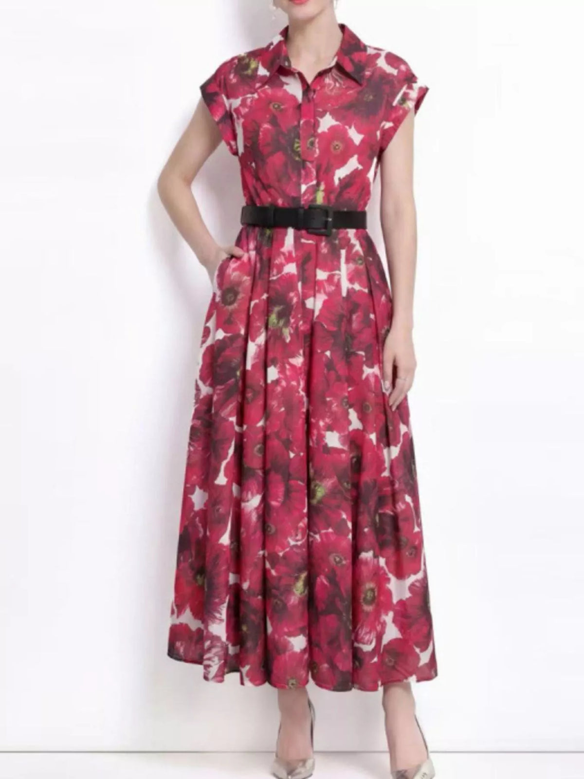 Printed Button Front Cap Sleeve Dress