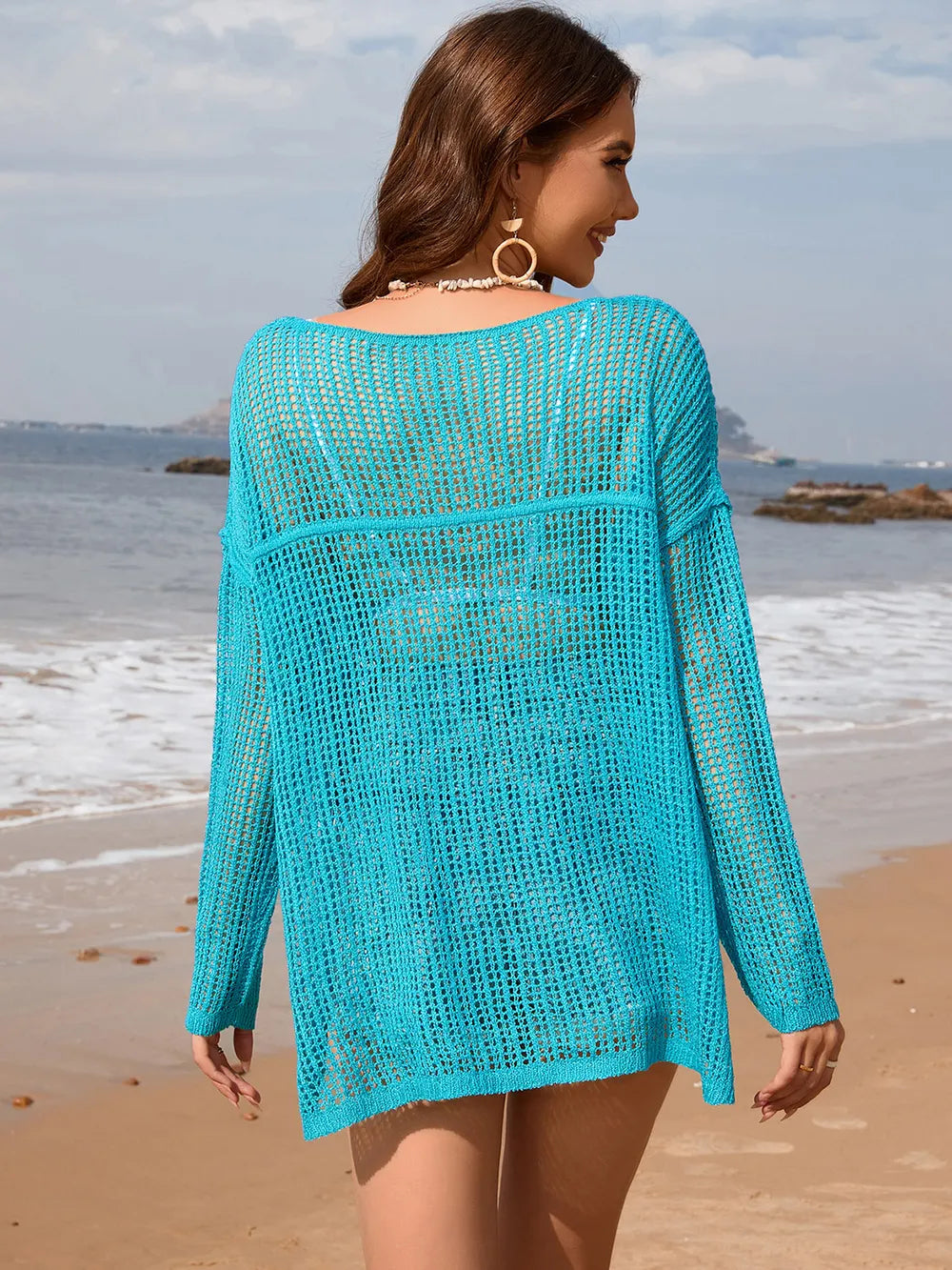 Openwork Slit Boat Neck Long Sleeve Cover-Up - Ladyez